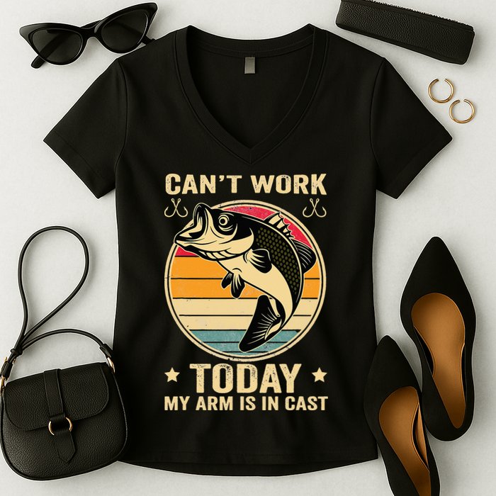 Fisherman, I can't work today my arm is in a cast, Funny Women's V-Neck T-Shirt