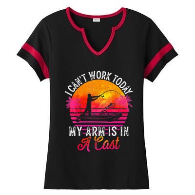 Fisherman I Can't Work Today My Arm Is In Cast Funny Fishing Ladies Halftime Notch Neck Tee