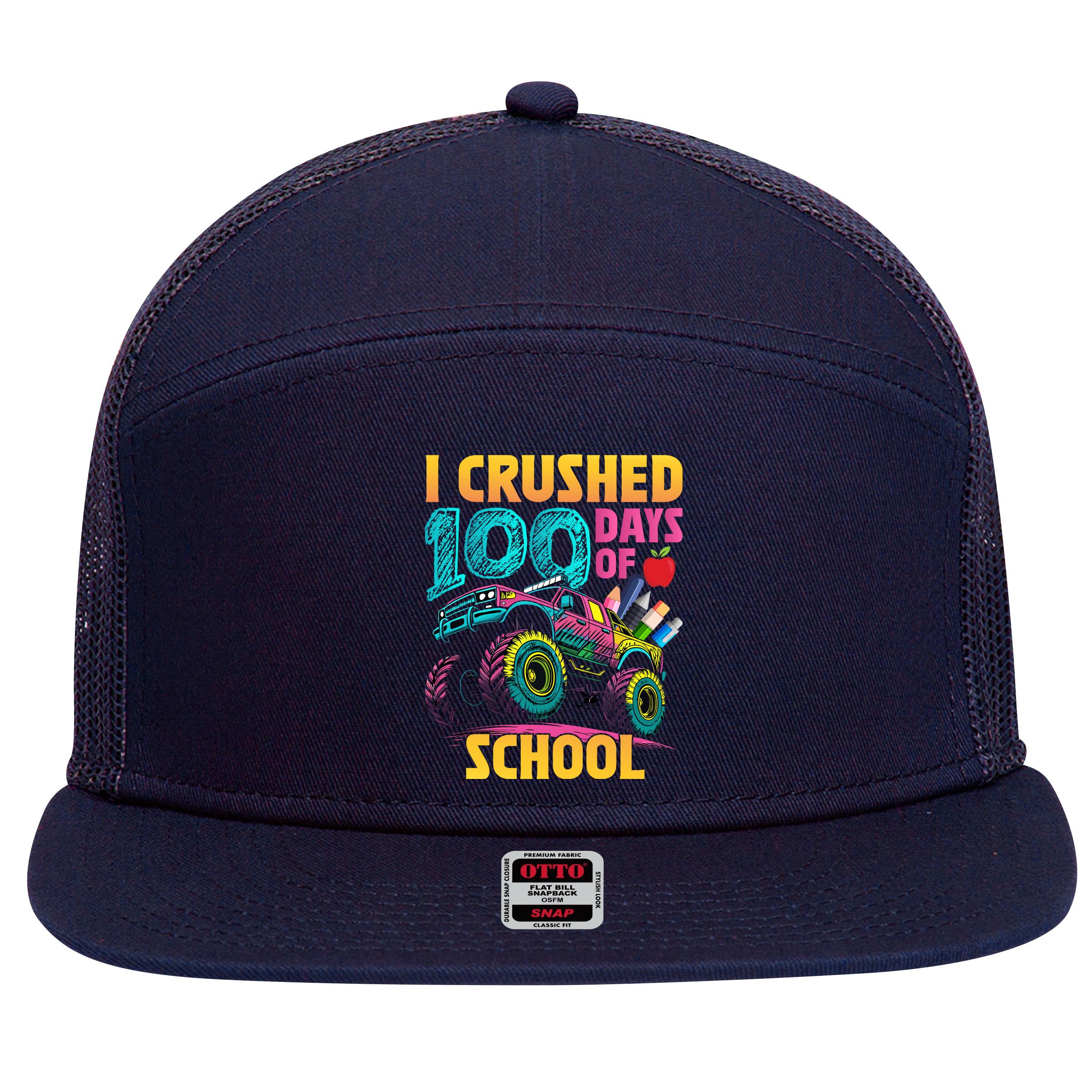 Funny I Crushed 100 Days Of School Monster Truck 7 Panel Mesh Trucker Snapback Hat