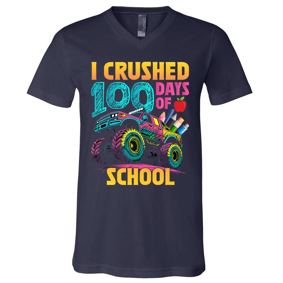 Funny I Crushed 100 Days Of School Monster Truck V-Neck T-Shirt