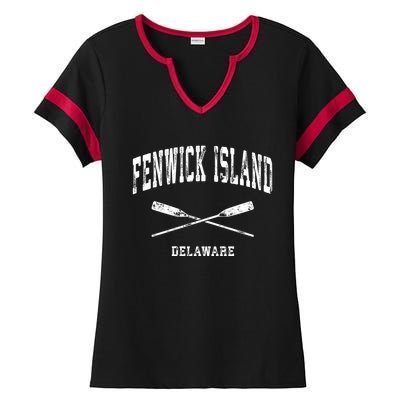 Fenwick Island Delaware Vintage Nautical Crossed Oars Gift Ladies Halftime Notch Neck Tee