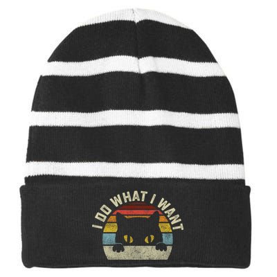 Funny I Do What I Want My Black Cat Red Cup Vintage Retro Striped Beanie with Solid Band