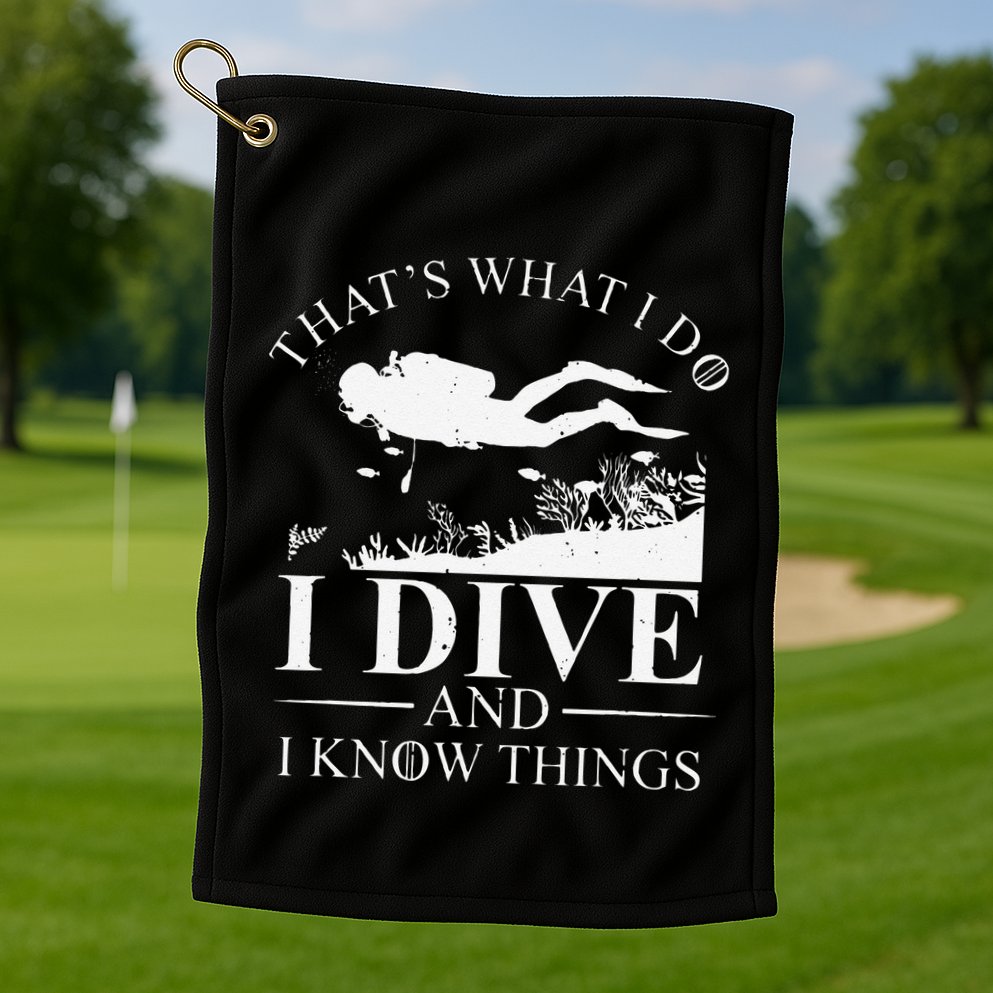 Funny I Dive And I Know Things Scuba Diver Gift Scuba Diving Golf Towel