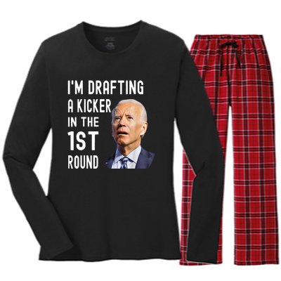 Funny Im Drafting A Kicker In The 1st Round Biden Confused Gift Women's Long Sleeve Flannel Pajama Set 