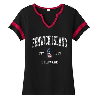 Fenwick Island Delaware De Vintage American Flag Ladies Halftime Notch Neck Tee