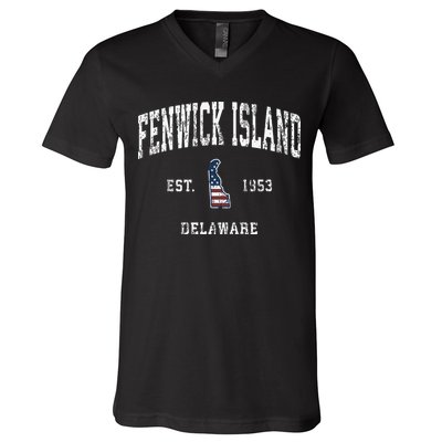 Fenwick Island Delaware De Vintage American Flag V-Neck T-Shirt
