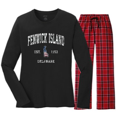 Fenwick Island Delaware De Vintage American Flag Women's Long Sleeve Flannel Pajama Set 