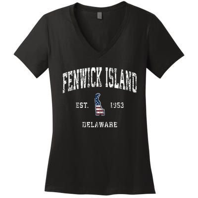 Fenwick Island Delaware De Vintage American Flag Women's V-Neck T-Shirt