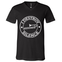 Funny I Destroy Silence Trombone Trumpet Player Trombonist V-Neck T-Shirt