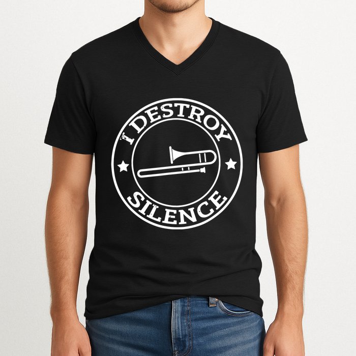 Funny I Destroy Silence Trombone Trumpet Player Trombonist V-Neck T-Shirt