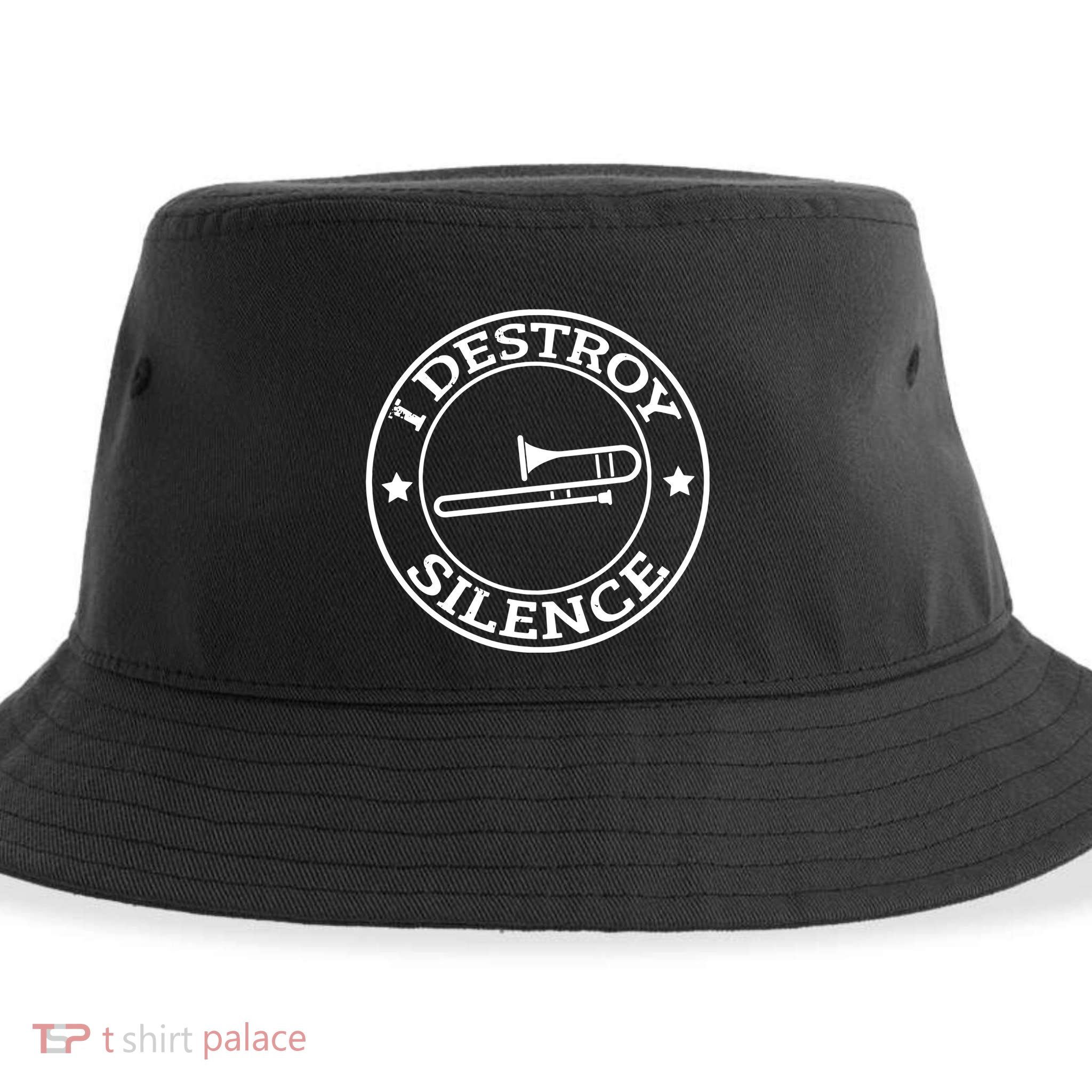 Funny I Destroy Silence Trombone Trumpet Player Trombonist Sustainable Bucket Hat