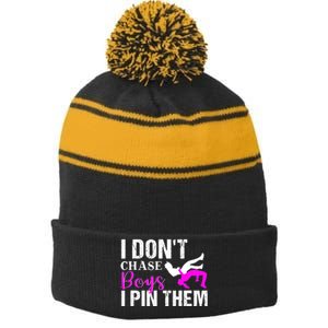 Funny I Don't Chase Boys I Pin Them Gift Wrestling Girls Gift Stripe Pom Pom Beanie