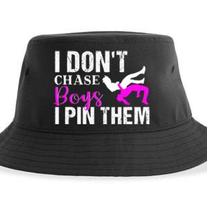 Funny I Don't Chase Boys I Pin Them Gift Wrestling Girls Gift Sustainable Bucket Hat