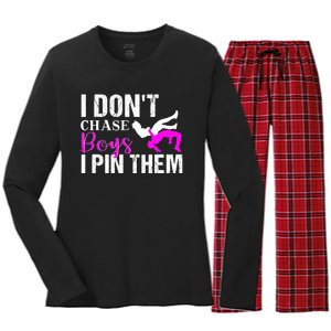 Funny I Don't Chase Boys I Pin Them Gift Wrestling Girls Gift Women's Long Sleeve Flannel Pajama Set 