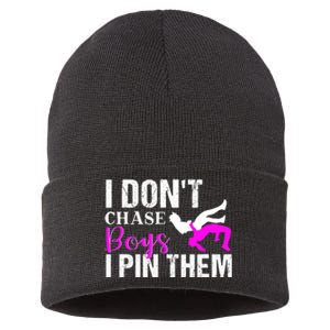 Funny I Don't Chase Boys I Pin Them Gift Wrestling Girls Gift Sustainable Knit Beanie