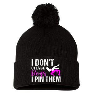 Funny I Don't Chase Boys I Pin Them Gift Wrestling Girls Gift Pom Pom 12in Knit Beanie