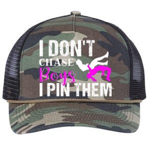 Funny I Don't Chase Boys I Pin Them Gift Wrestling Girls Gift Retro Rope Trucker Hat Cap