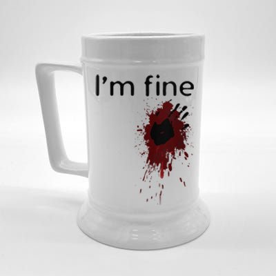 Funny Im Fine Blood Splatter And Bloody Hand Print Halloween Fun Beer Stein