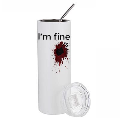 Funny Im Fine Blood Splatter And Bloody Hand Print Halloween Fun Stainless Steel Tumbler