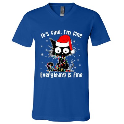 Funny Its Fine Im Fine Everything Fine Cat Christmas  V-Neck T-Shirt