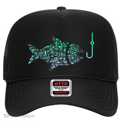 Fishing Icon For Fisherman Fish Hook Fishing High Crown Mesh Back Trucker Hat