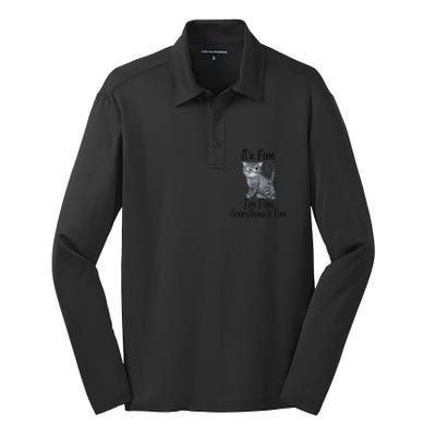 Funny It's Fine I'm Fine Everything Is Fine Black Cat Silk Touch Performance Long Sleeve Polo