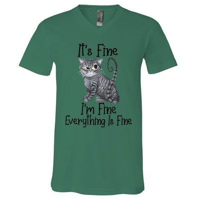 Funny It's Fine I'm Fine Everything Is Fine Black Cat V-Neck T-Shirt