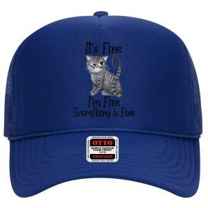 Funny It's Fine I'm Fine Everything Is Fine Black Cat High Crown Mesh Back Trucker Hat