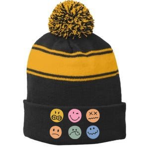 Face Icon Stripe Pom Pom Beanie