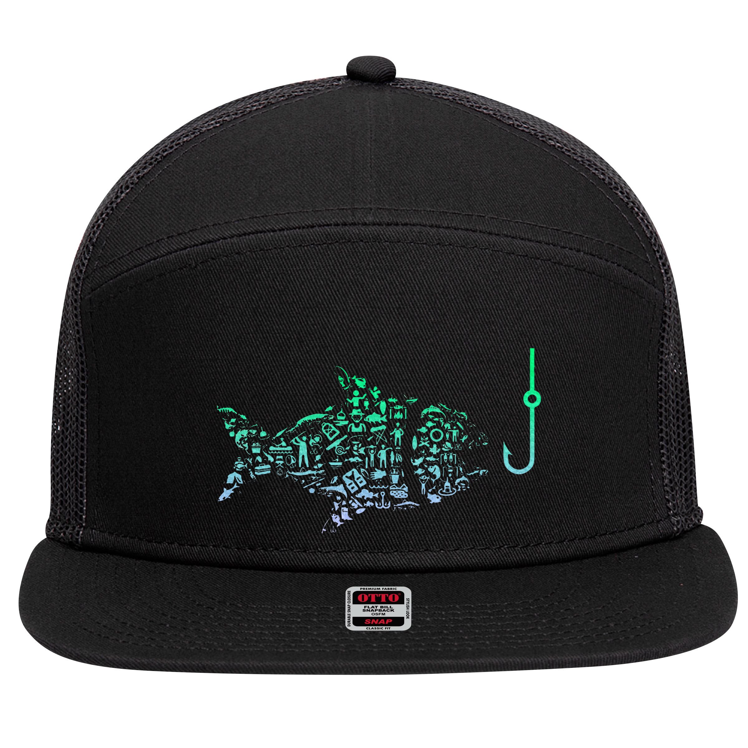 Fishing Icon For Fisherman Fish Hook Fishing 7 Panel Mesh Trucker Snapback Hat
