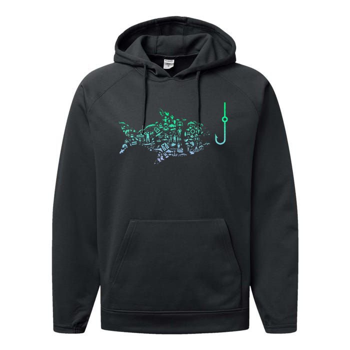 Fishing Icon For Fisherman Fish Hook Fishing Performance Fleece Hoodie