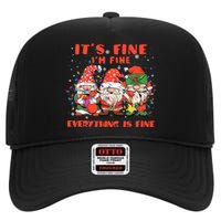 Funny IM Fine Everything Is Fine Gnome Christmas Lights Pj High Crown Mesh Back Trucker Hat