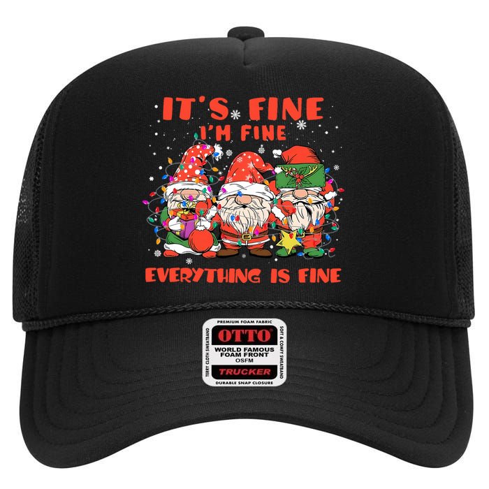 Funny IM Fine Everything Is Fine Gnome Christmas Lights Pj High Crown Mesh Back Trucker Hat