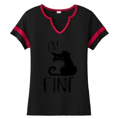 Funny I'm Fine Gift for Crazy Cat Owners, Black Cat Lover Ladies Halftime Notch Neck Tee