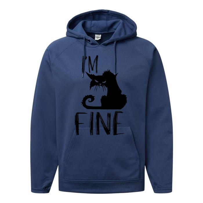 Funny I'm Fine Gift for Crazy Cat Owners, Black Cat Lover Performance Fleece Hoodie