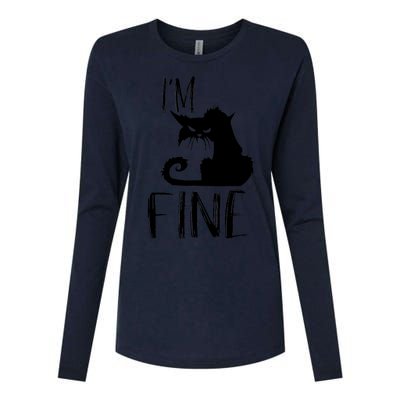 Funny I'm Fine Gift for Crazy Cat Owners, Black Cat Lover Womens Cotton Relaxed Long Sleeve T-Shirt