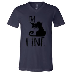 Funny I'm Fine Gift for Crazy Cat Owners, Black Cat Lover V-Neck T-Shirt