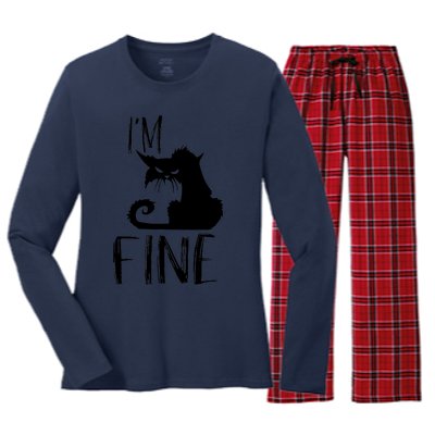 Funny I'm Fine Gift for Crazy Cat Owners, Black Cat Lover Women's Long Sleeve Flannel Pajama Set 