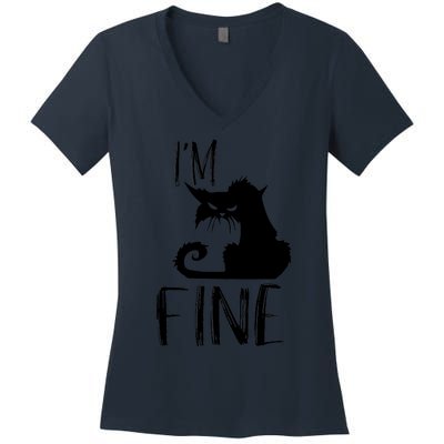 Funny I'm Fine Gift for Crazy Cat Owners, Black Cat Lover Women's V-Neck T-Shirt