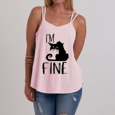 Funny I'm Fine Gift for Crazy Cat Owners, Black Cat Lover Women's Strappy Tank