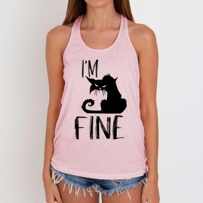 Funny I'm Fine Gift for Crazy Cat Owners, Black Cat Lover Women's Knotted Racerback Tank