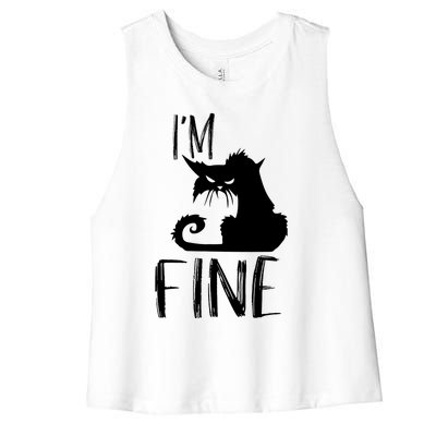 Funny I'm Fine Gift for Crazy Cat Owners, Black Cat Lover Women's Racerback Cropped Tank