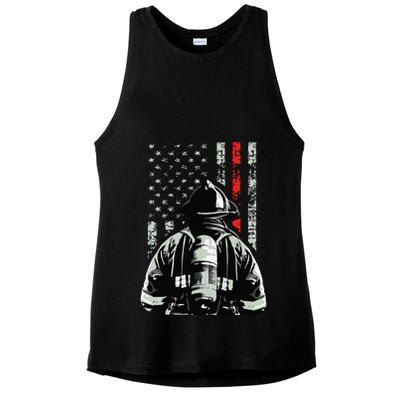 Fireman In Front Of American Flag Cool Firefighter Flag Ladies PosiCharge Tri-Blend Wicking Tank