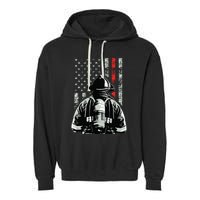Fireman In Front Of American Flag Cool Firefighter Flag Garment-Dyed Fleece Hoodie
