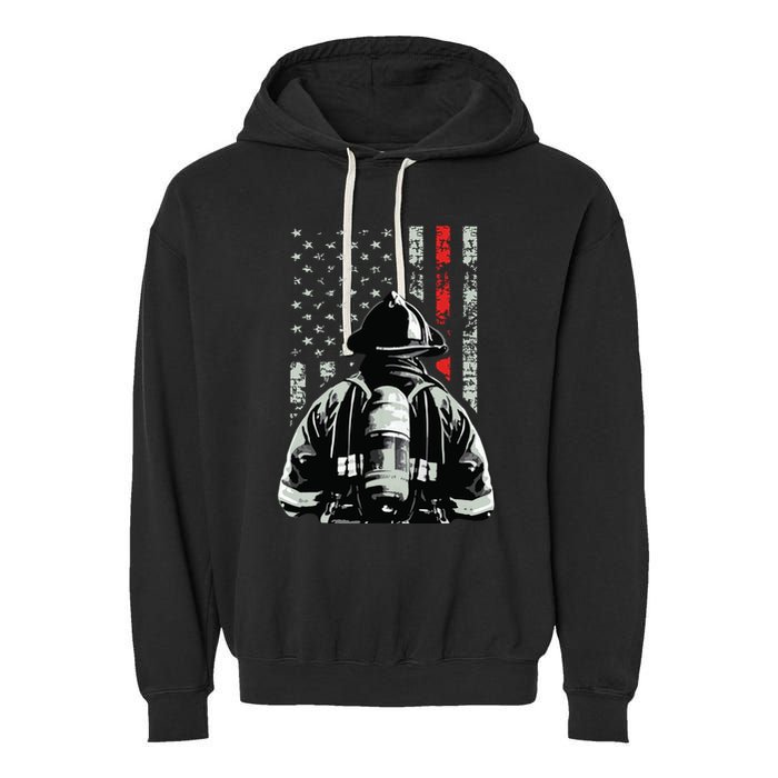 Fireman In Front Of American Flag Cool Firefighter Flag Garment-Dyed Fleece Hoodie