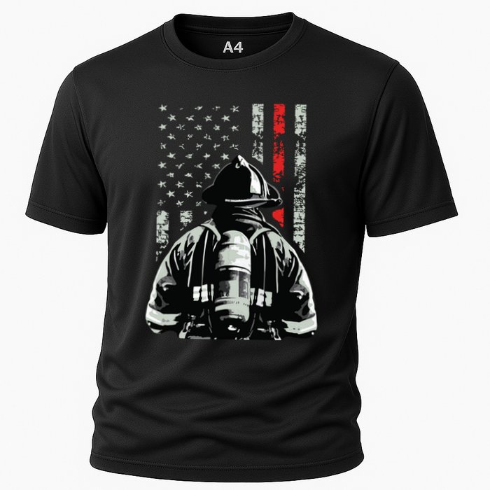 Fireman In Front Of American Flag Cool Firefighter Flag Performance Shirt