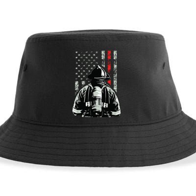 Fireman In Front Of American Flag Cool Firefighter Flag Sustainable Bucket Hat