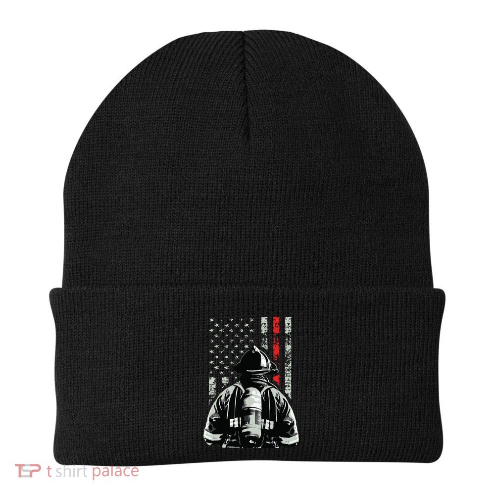 Fireman In Front Of American Flag Cool Firefighter Flag Beanie