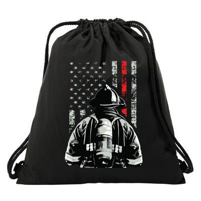 Fireman In Front Of American Flag Cool Firefighter Flag Drawstring Bag