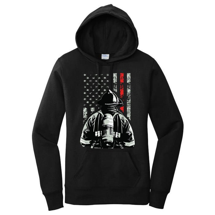 Fireman In Front Of American Flag Cool Firefighter Flag Women's Pullover Hoodie